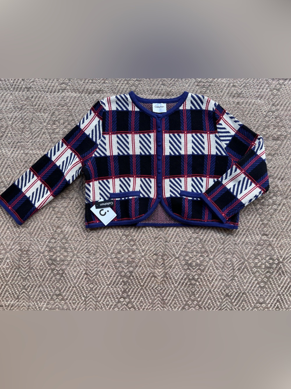 Callahan Knitwear Plaid Cardigan L NWT Cropped Cotton Bracelet Sleeve Preppy